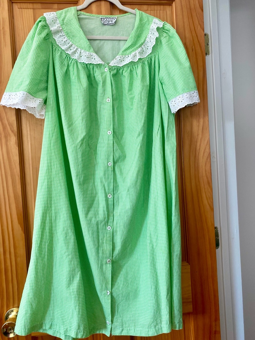 Vintage Synari Green Gingham Prairie Dress Eyelet Lace Cottagecore Button Front